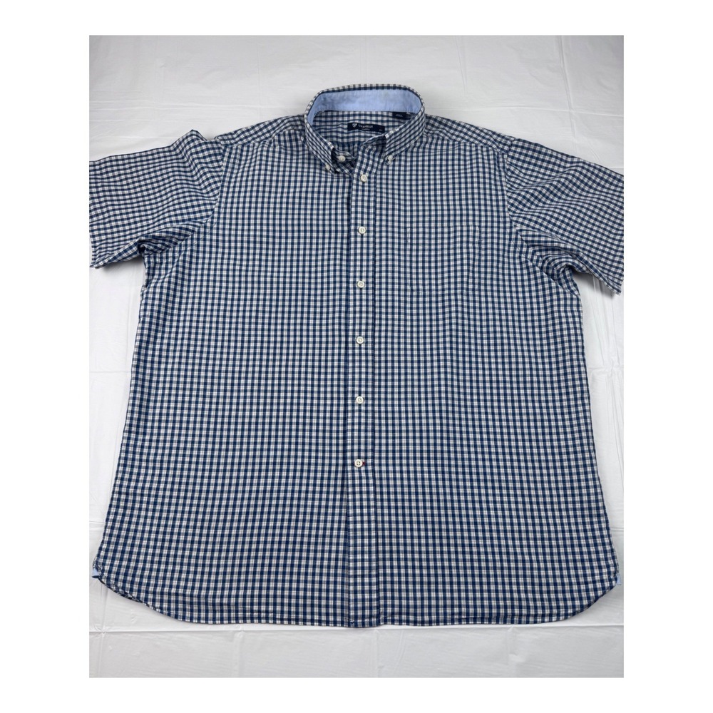Cremieux Classics Mens XL Blue Plaid Cotton Hemp Short Sleeve Button Down‎ Shirt